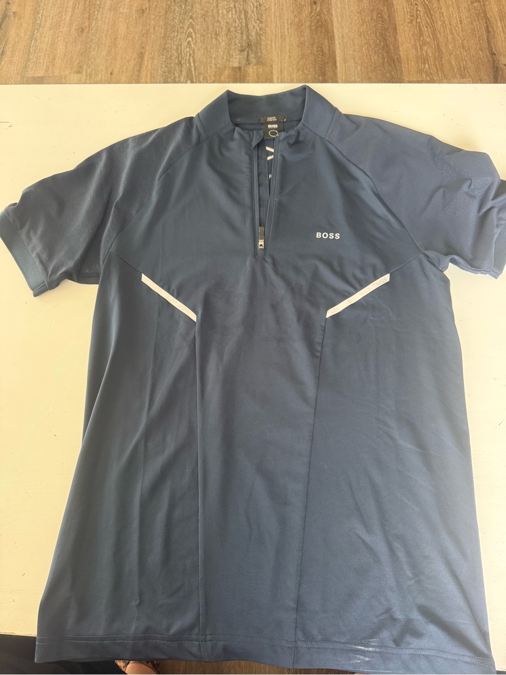 BOSS Men's Navy Half-Zip Performance Polo with White Accents